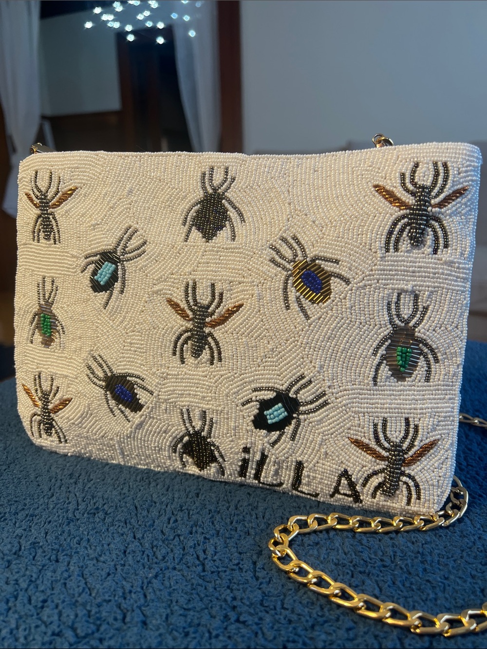White Beaded Crossbody Bag with Spider Motif